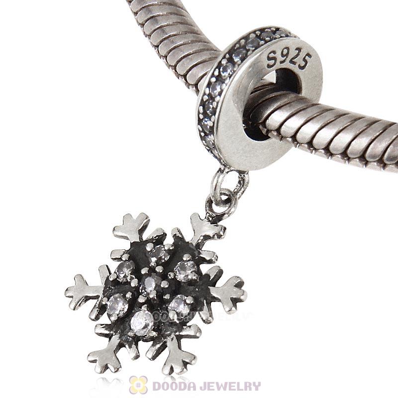 925 Sterling Silver Winter Snowflake Dangle Charm with Clear Cz