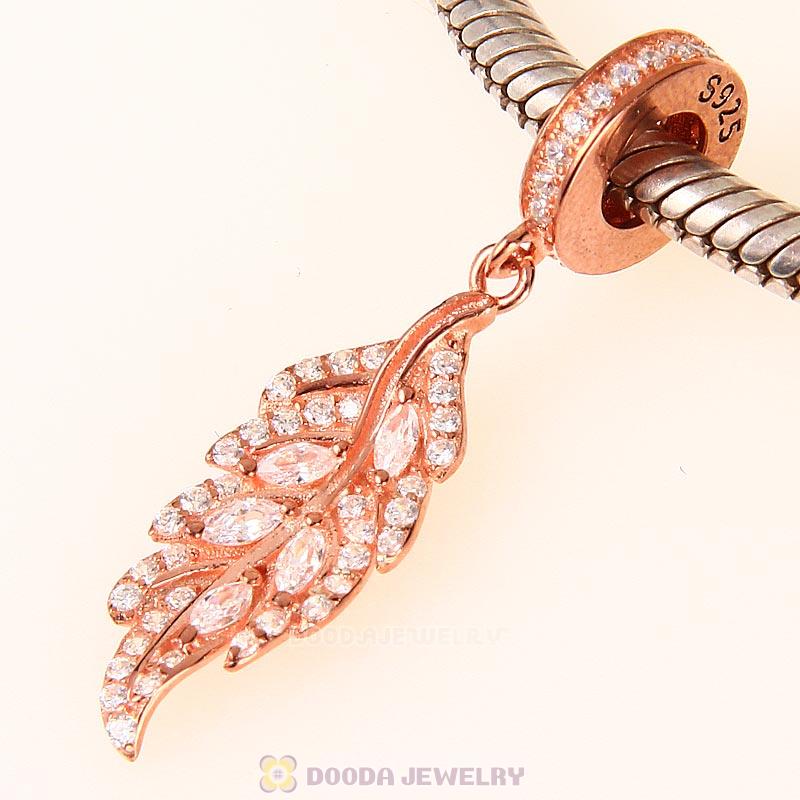 925 Sterling Silver Rose Gold Charm Feather Dangle Pendant