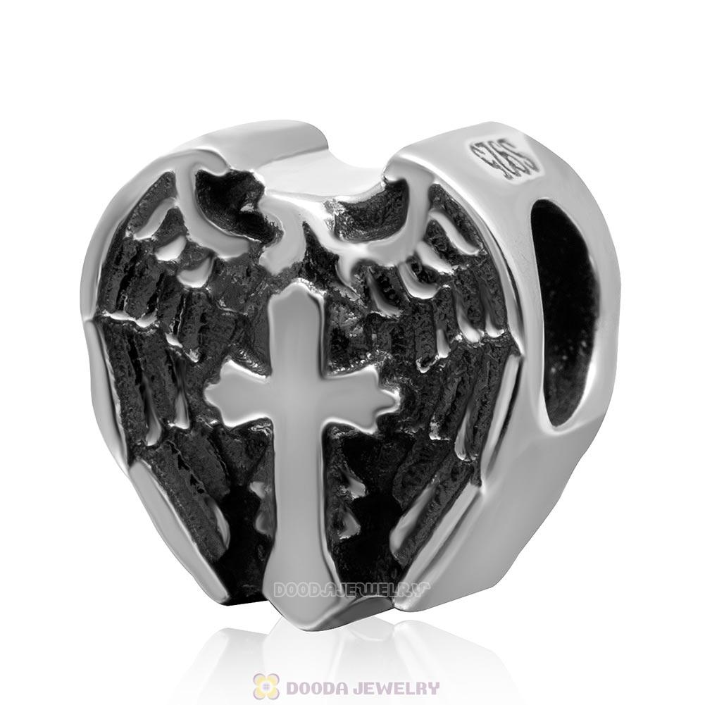 Prayer Cross Heart Charm Antique 925 Sterling Silver Bead