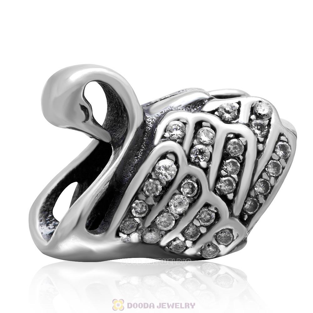 925 Sterling Silver Majestic Swan Charm Bead with Clear CZ