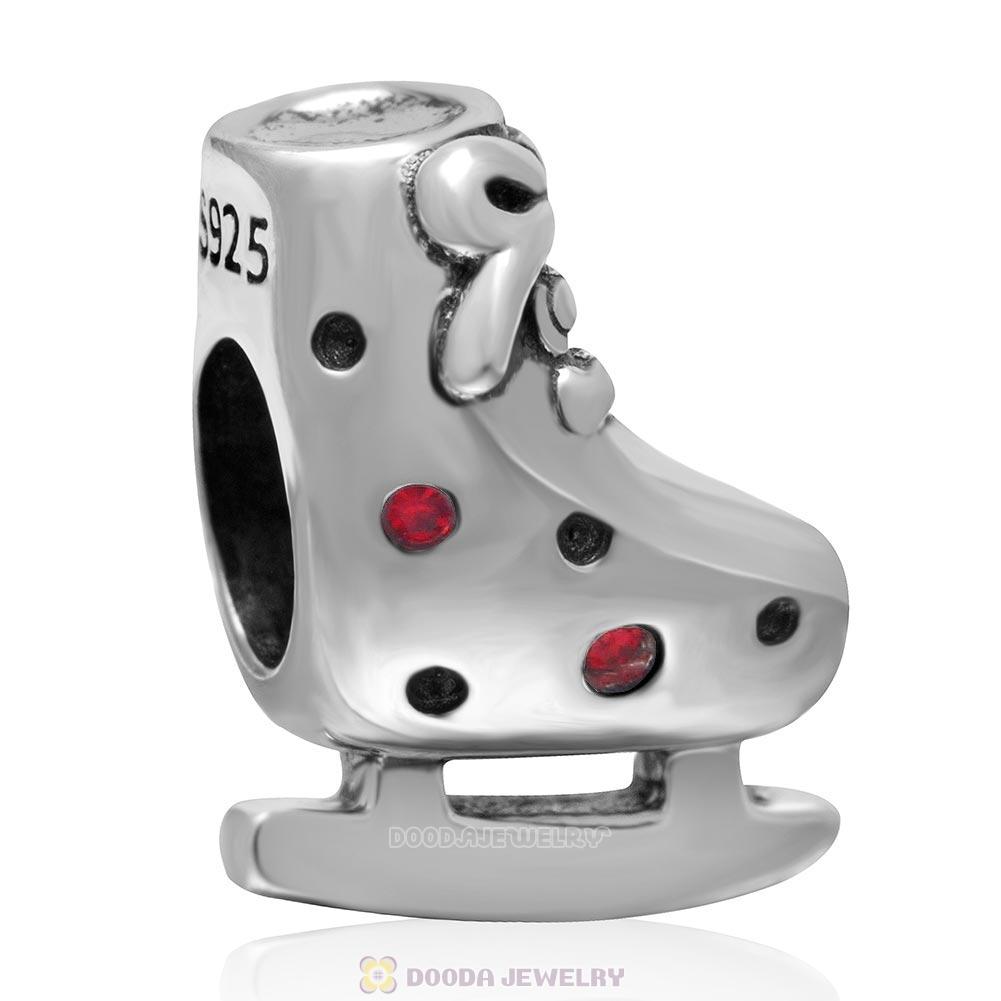 925 Sterling Silver Ski Boot European Charm Bead with Lt Siam Crystal