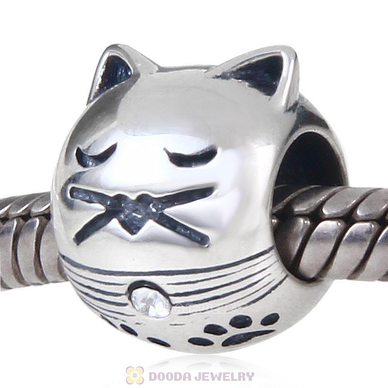 Clear Crystal 925 Sterling Silver Cute Cat with Pawprint Charm Bead