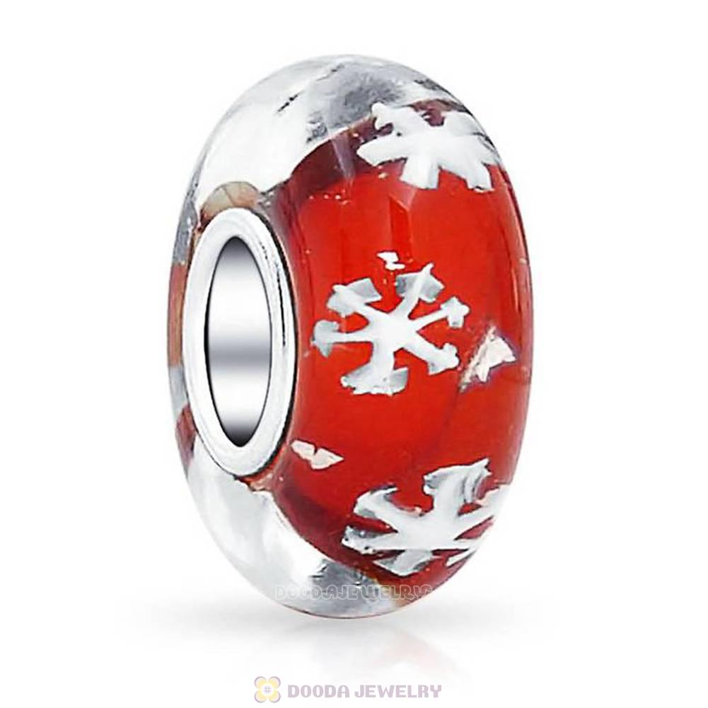 Red Snowflake Glass Beads with Silver Shatter fit European Largehole Jewelry Bracelet
