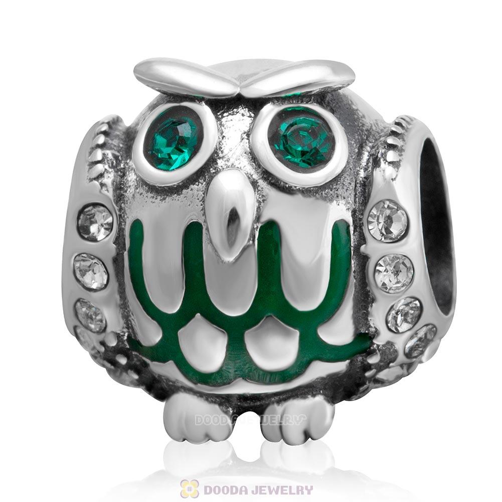 Antique 925 Sterling Silver Owl Charm Bead with Green Crystal Eye