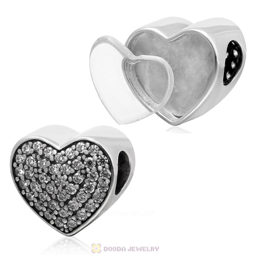 925 Sterling Silver Love Heart Personalized Photo Charm Bead with Clear CZ