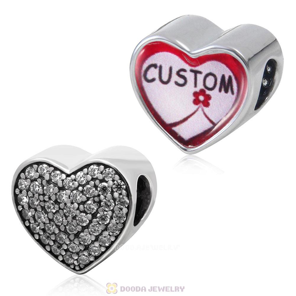 Custom 925 Sterling Silver Love Heart Personalized Photo Charm Bead with Clear CZ