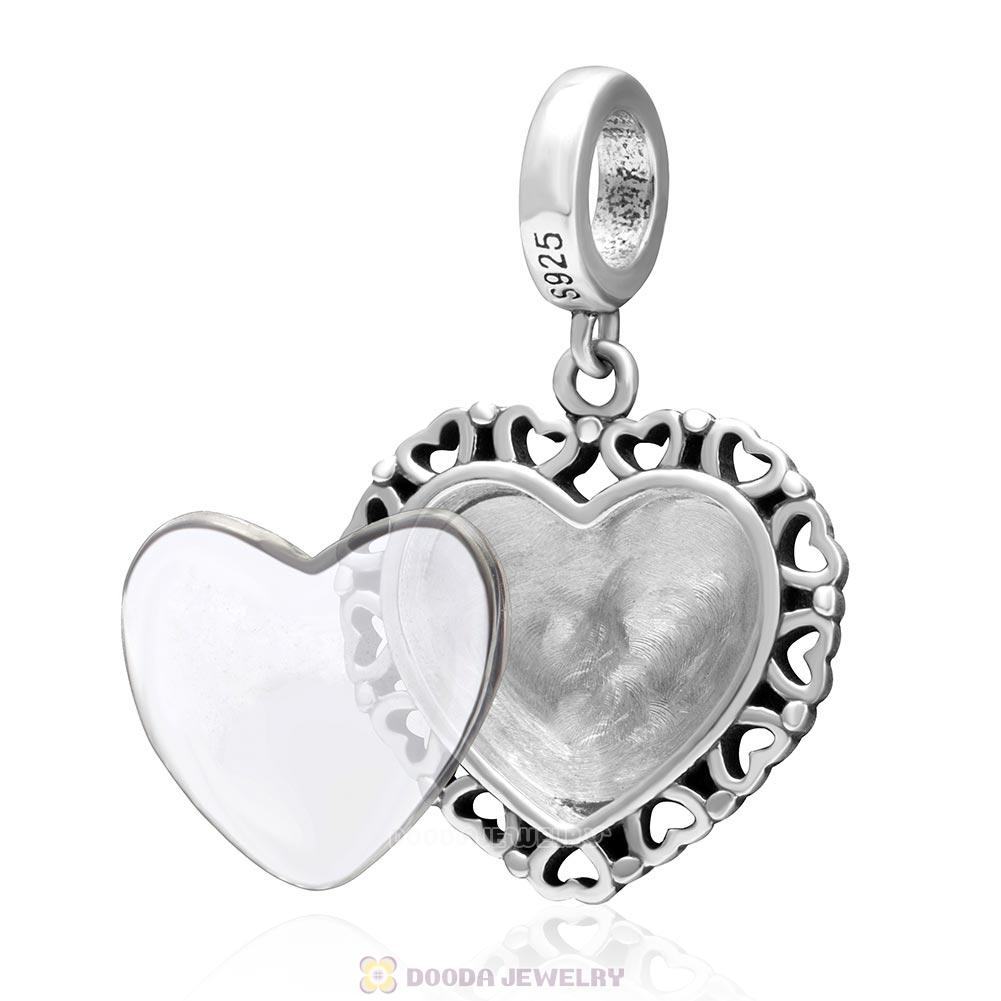925 Sterling Silver Dangle Love Heart Personalized Photo Charm Bead 