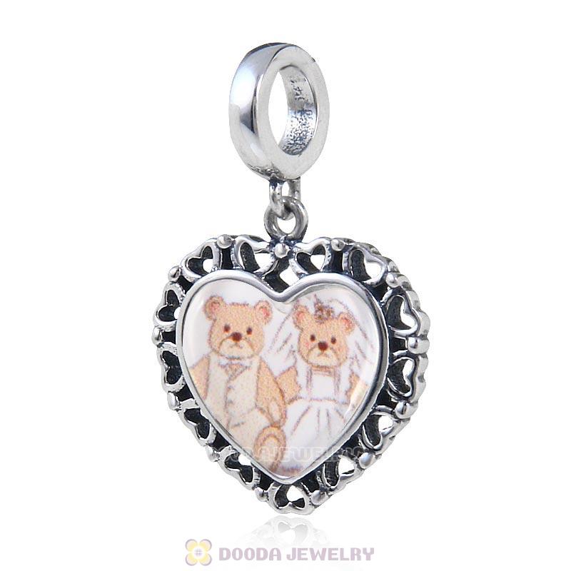 Wedding Lover Bear 925 Sterling Silver Dangle Heart Personalized Photo Charm Bead 