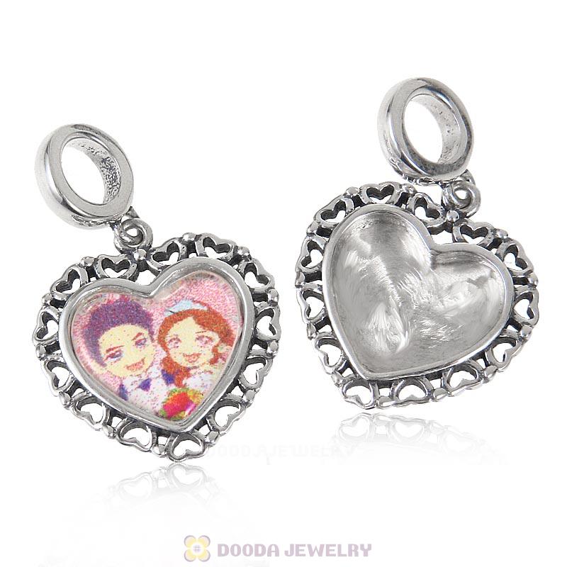Romance Wedding Lover 925 Sterling Silver Dangle Heart Personalized Photo Charm Bead 