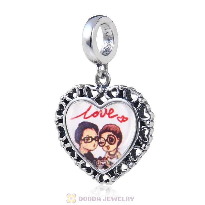 Love Couple 925 Sterling Silver Dangle Heart Personalized Photo Charm Bead