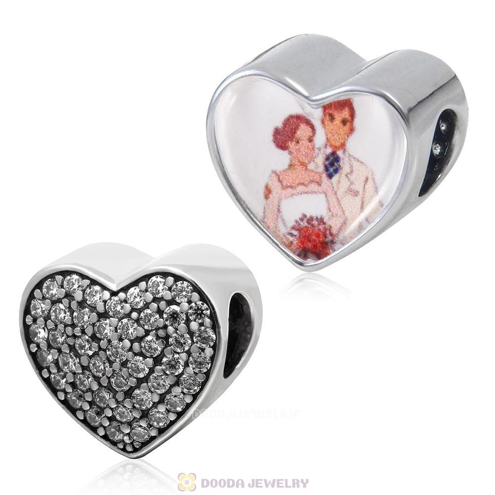 Wedding Lover Couple 925 Sterling Silver Personalized Photo Heart Charm Bead with Clear CZ