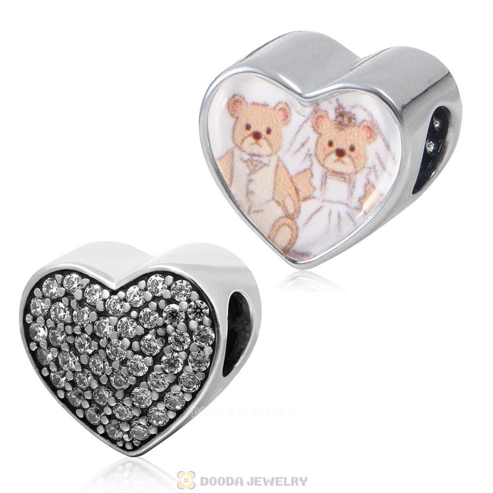 Wedding Lover Bear 925 Sterling Silver Personalized Photo Heart Charm Bead with Clear CZ
