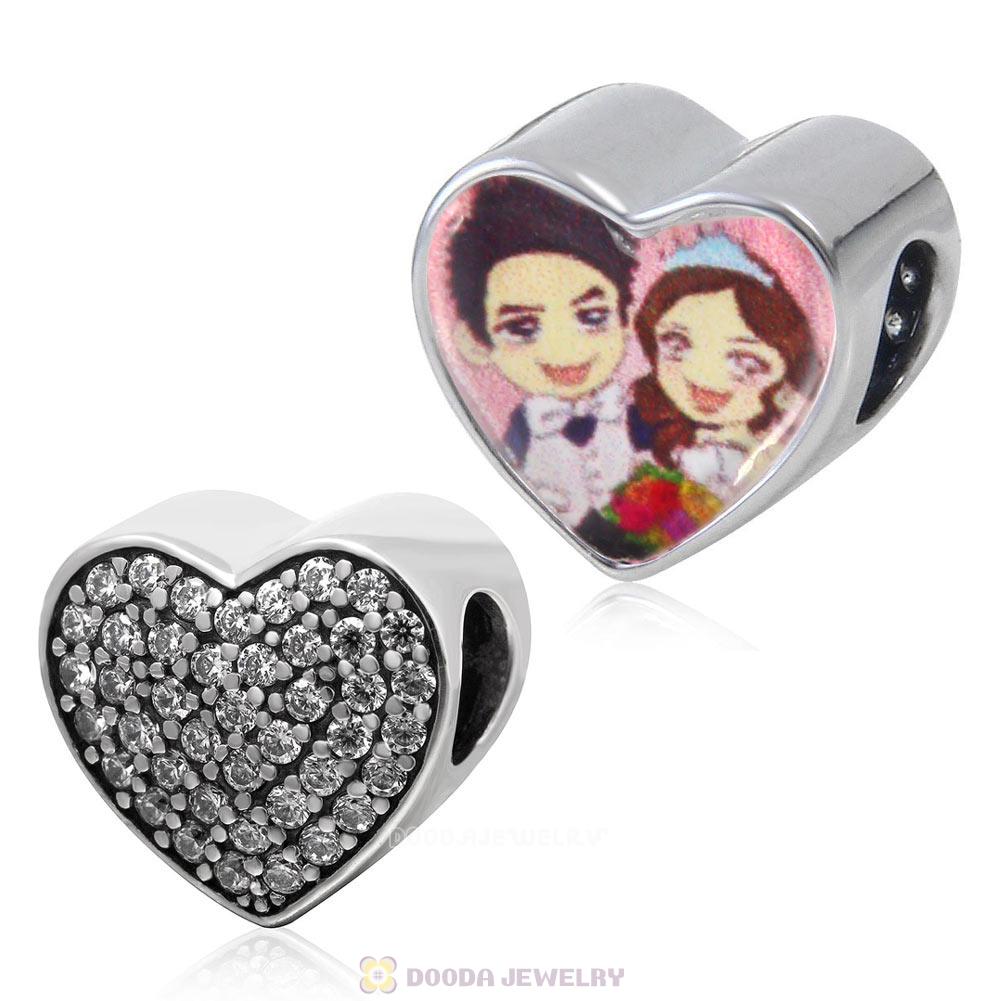 Love Bride and Groom 925 Sterling Silver Personalized Photo Heart Charm Bead with Clear CZ