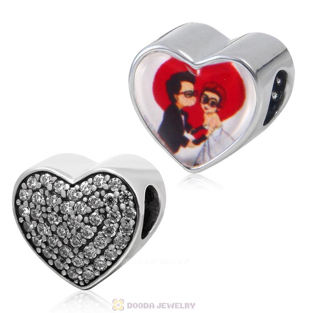 Lover Kiss 925 Sterling Silver Love Heart Personalized Photo Charm Bead with Clear CZ
