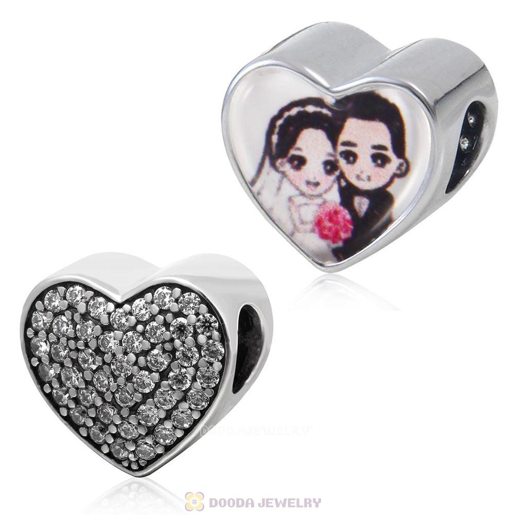 Happy Wedding 925 Sterling Silver Love Heart Personalized Photo Charm Bead with Clear CZ