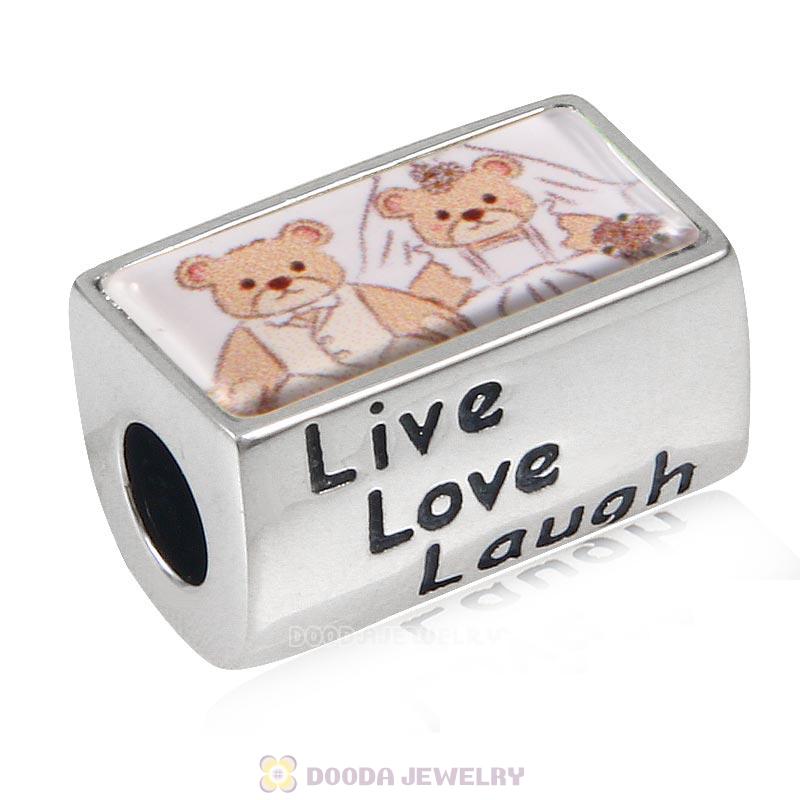 Wedding Lover Bear Charm 925 Sterling Silver Live Love Laugh Rectangle Bead with DIY Photo