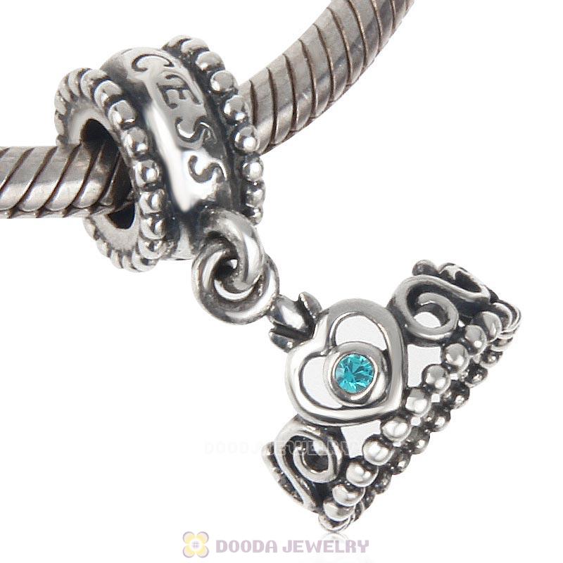 European Sterling Silver My Princess Dangle With Blue Zircon Austrian Crystal