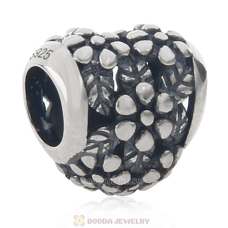 Flower in Heart Charm Antique 925 Sterling Silver Bead