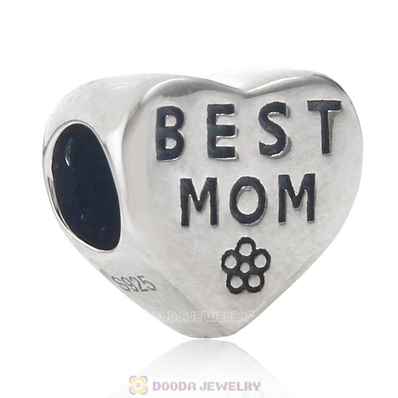 Best Mom Heart Charm 925 Sterling Silver Bead
