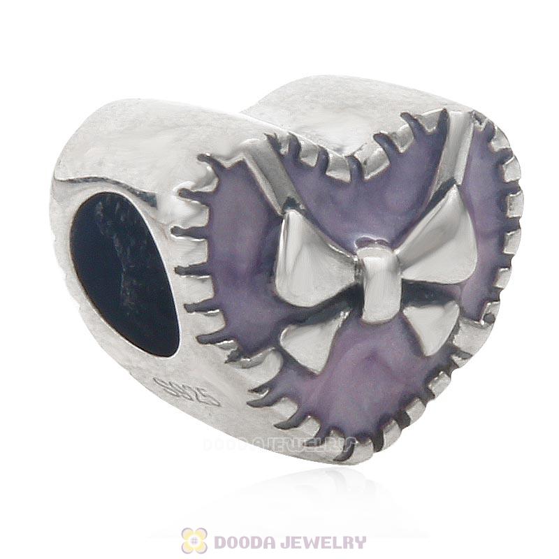 Ribbon Bow Charm 925 Sterling Silver Purple Heart Bead