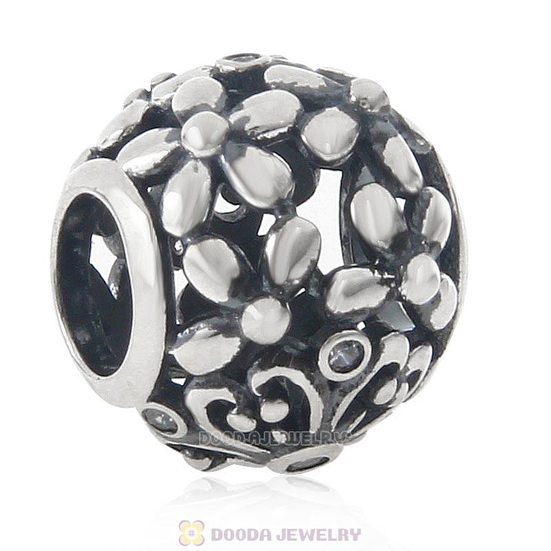 Openwork Clover Charm 925 Sterling Silver Bead Clear CZ