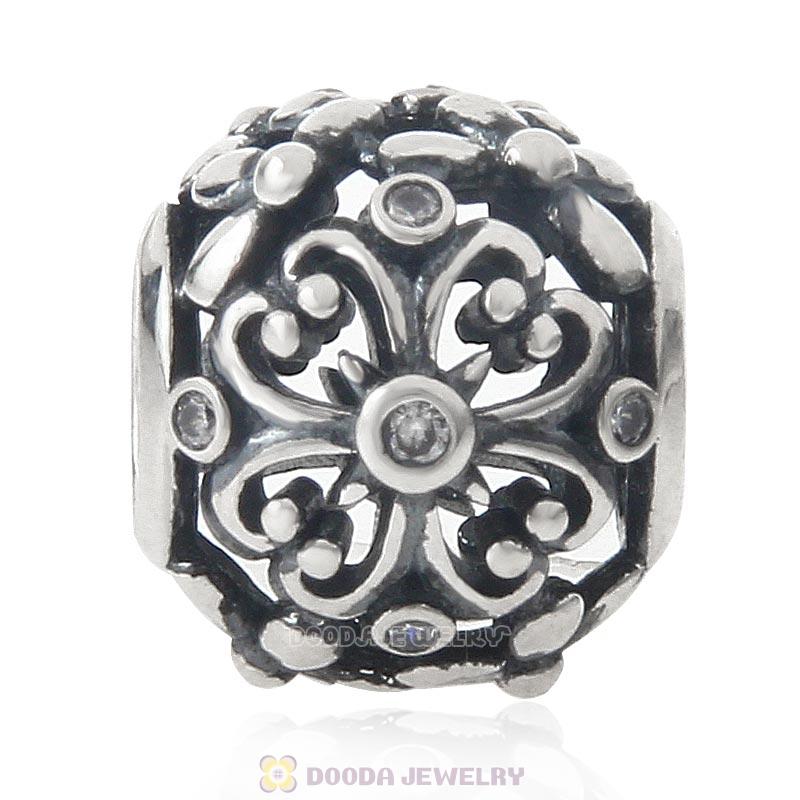 Openwork Clover Charm 925 Sterling Silver Bead Clear CZ