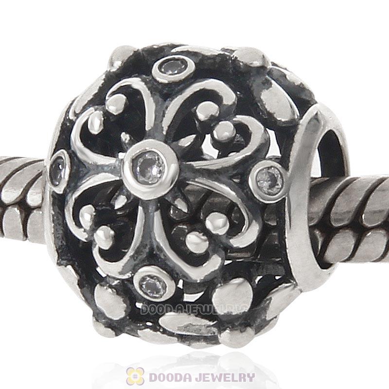 Openwork Clover Charm 925 Sterling Silver Bead Clear CZ