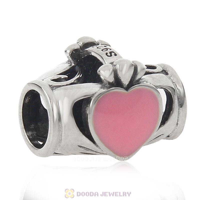 Hand Holding Love Charm 925 Sterling Silver Pink Enamel Bead