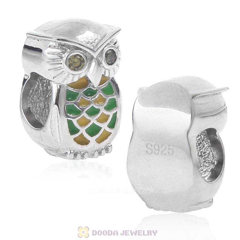 925 Sterling Silver Jungle Owl Charm with Green CZ 