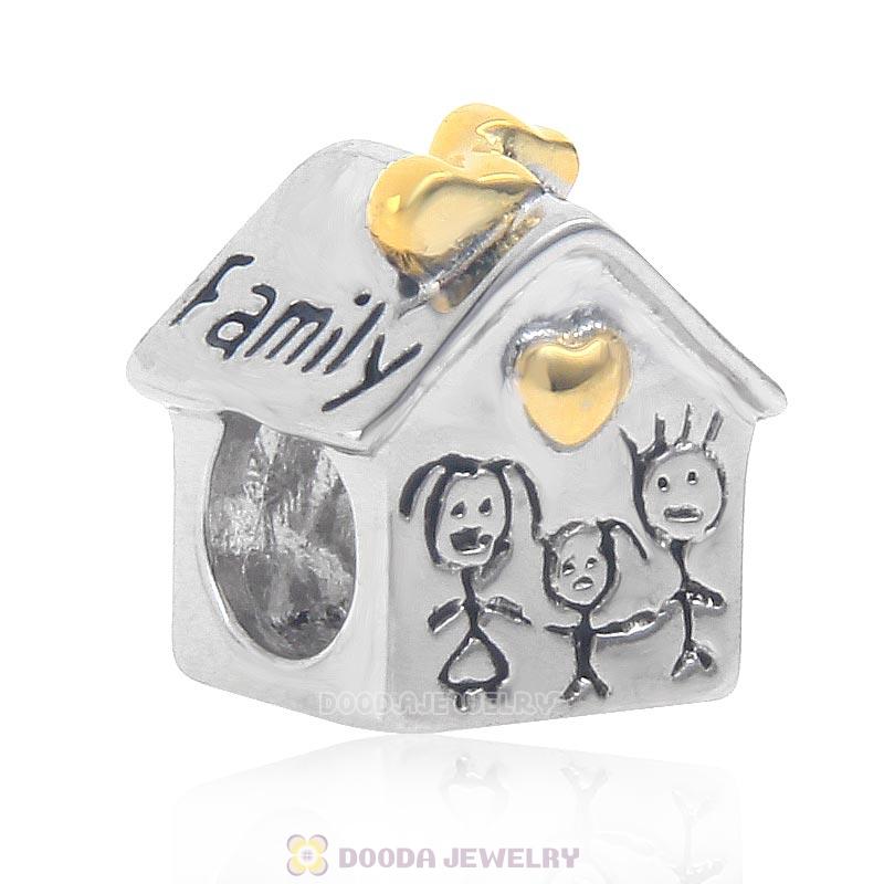 925 Sterling Silver Family House Charm with Gold Plated Heart 