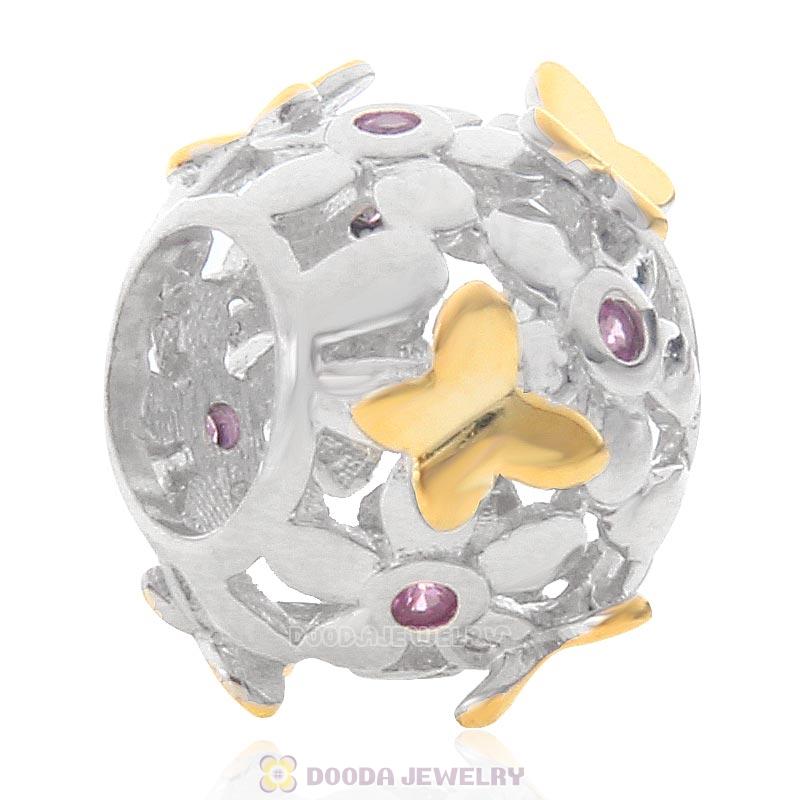 Gold Butterfly and Flower Charm 925 Sterling Silver Bead