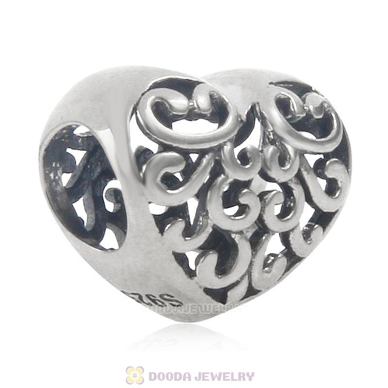 925 Sterling Silver Filigree Heart Charm Antique Style