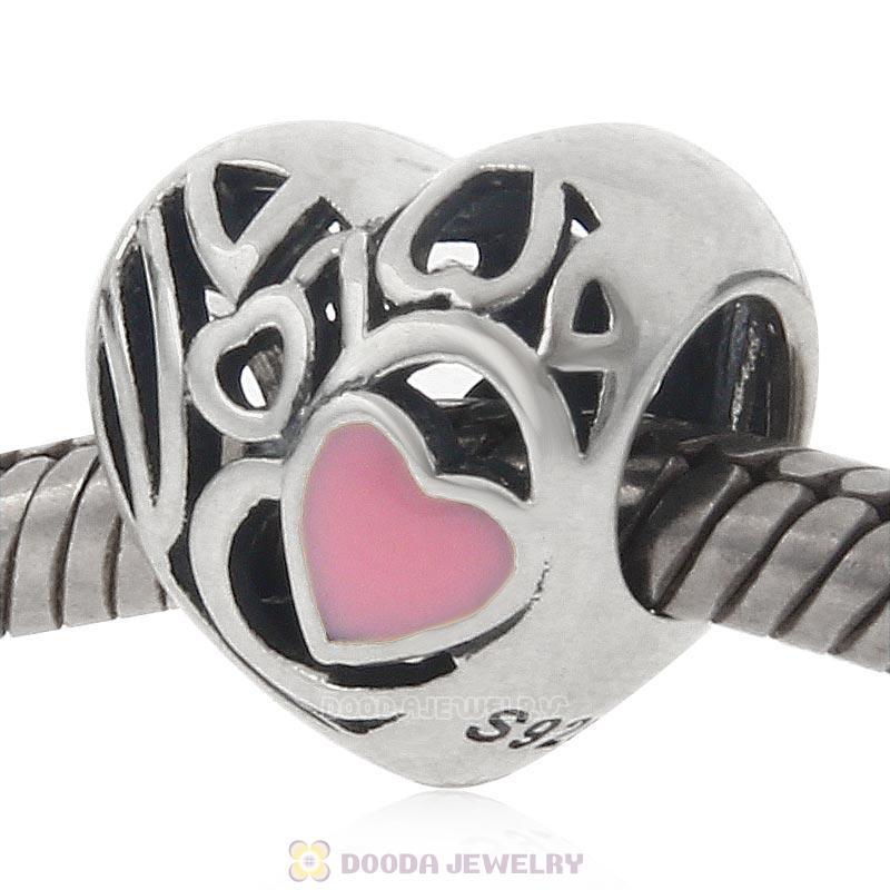 925 Sterling Silver Openwork Pink Heart Charm Bead