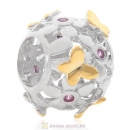 Gold Butterfly and Flower Charm 925 Sterling Silver Bead