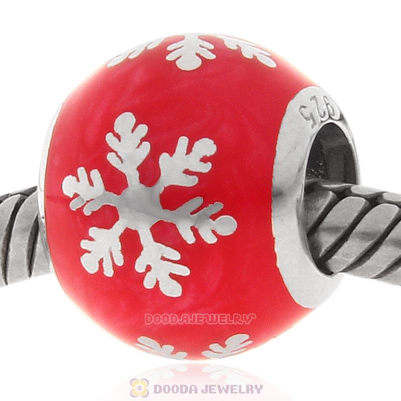 925 Sterling Silver Xmas Snowflake Bead with Red Enamel