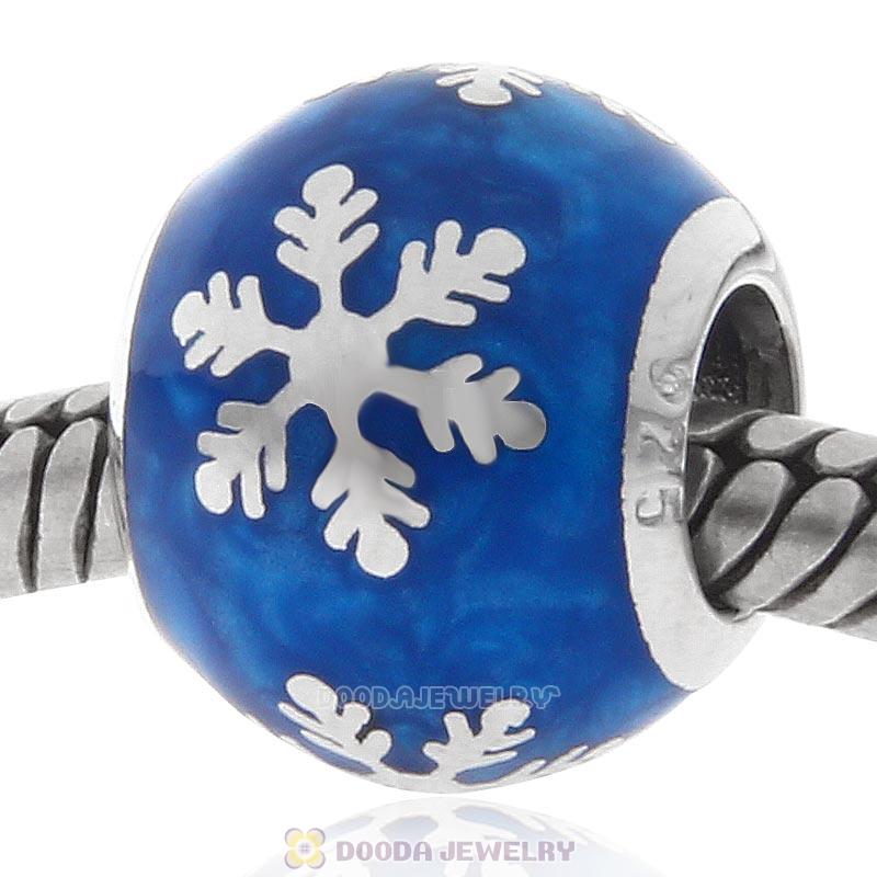 925 Sterling Silver Xmas Snowflake Bead with Blue Enamel