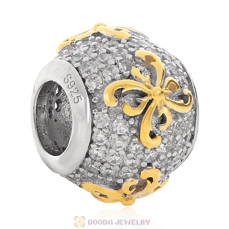 Gold Plated Flower 925 Sterling Silver Bead with Clear CZ