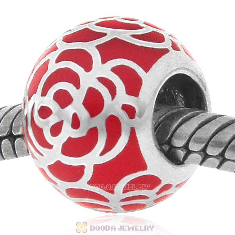 925 Sterling Silver Red Enamel Flower Charm Bead