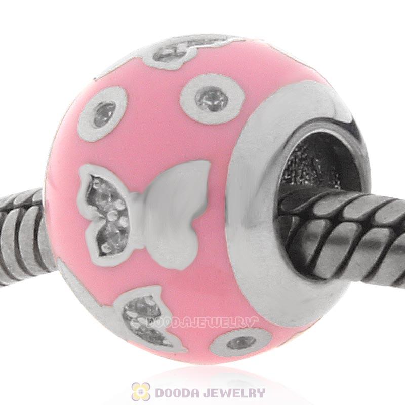925 Sterling Silver Pink Enamel Butterfly Charm Bead