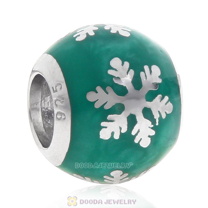 925 Sterling Silver Xmas Frozen Snowflake Bead with Green Enamel