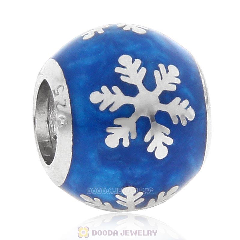 925 Sterling Silver Xmas Snowflake Bead with Blue Enamel