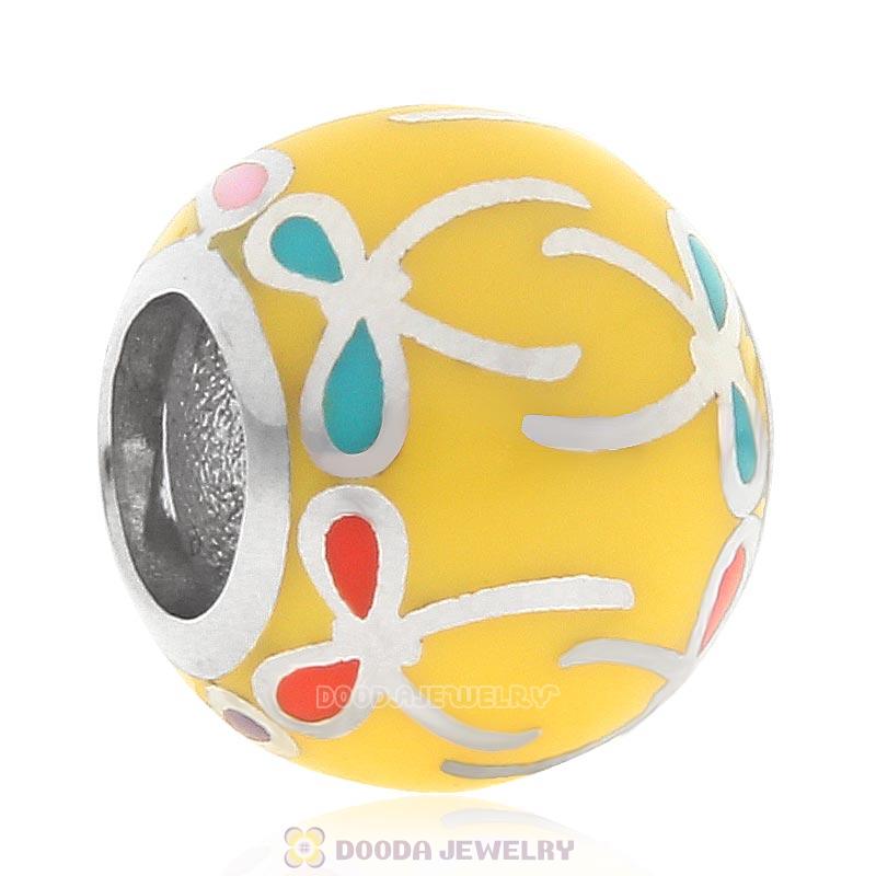 925 Sterling Silver Colorful Bow Charm Yellow Enamel Bead