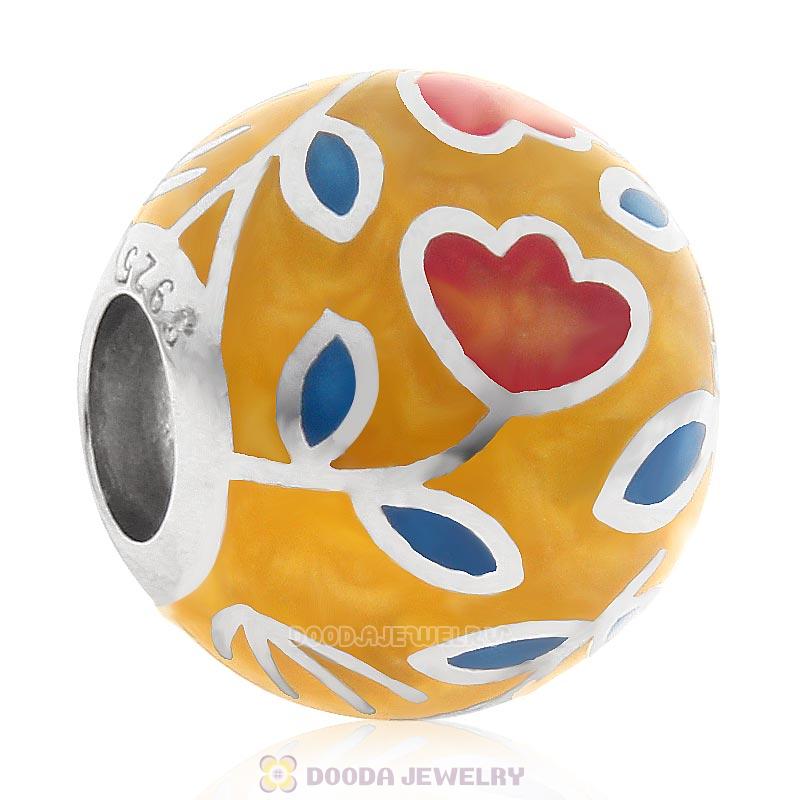 925 Sterling Silver Tulip Enamel Charm Round Ball Bead