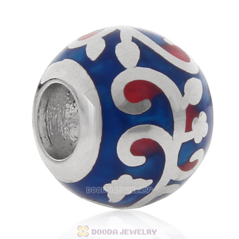 925 Sterling Silver European Style Swirl Blue Enamel Bead