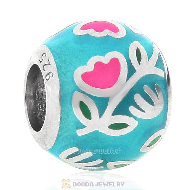 925 Sterling Silver Tulip Blue Enamel Charm Round Bead