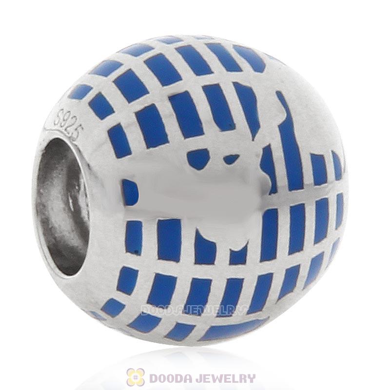 925 Sterling Silver Blue Enamel Globe Bead