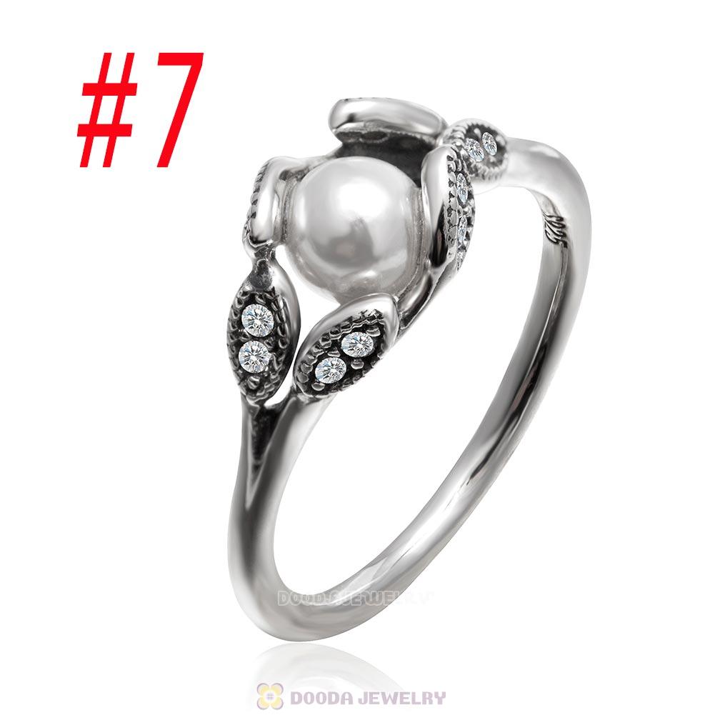 925 Sterling Silver Luminous Leaves Ring with Clear CZ and White Pearl