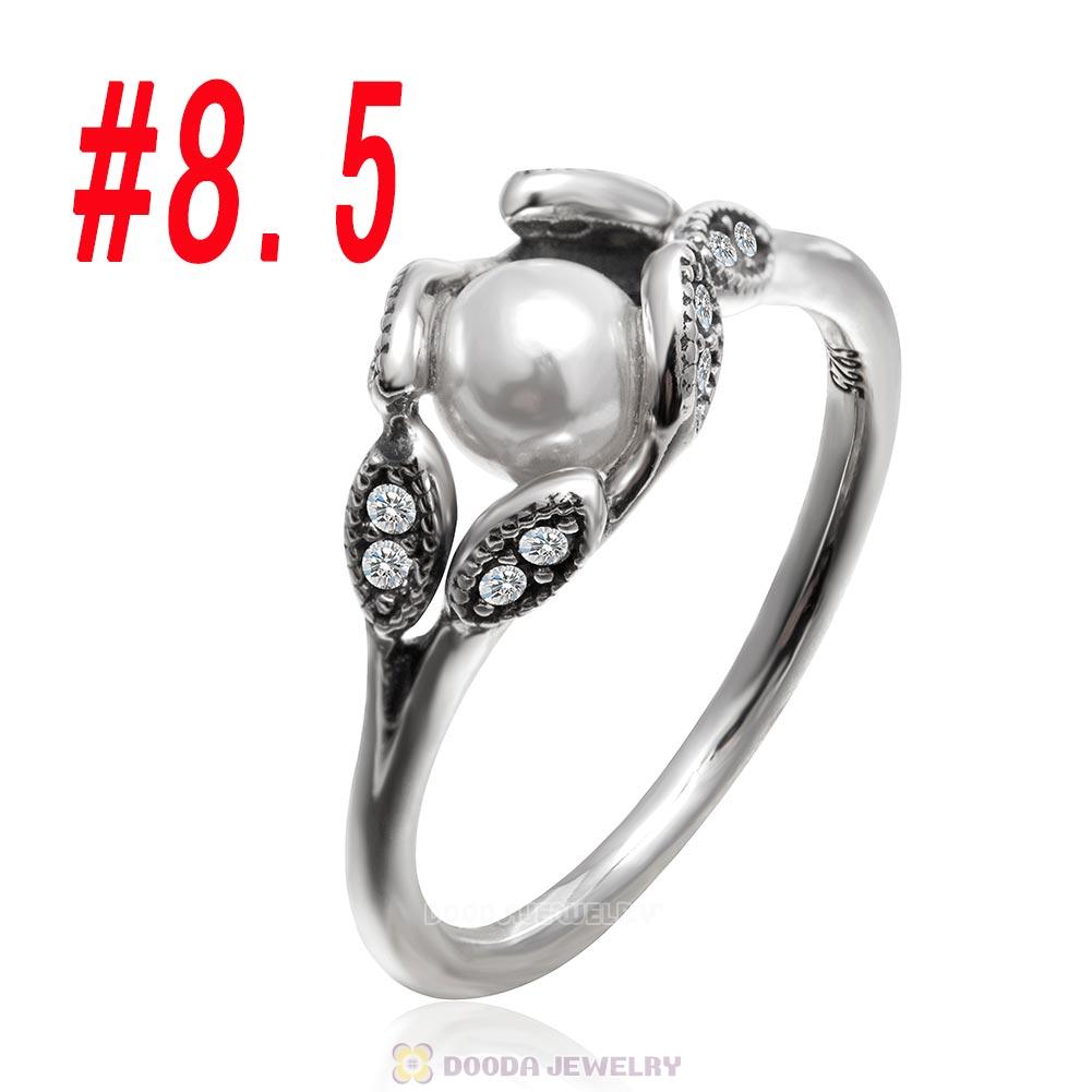 925 Sterling Silver Luminous Leaves Ring with Clear CZ and White Pearl