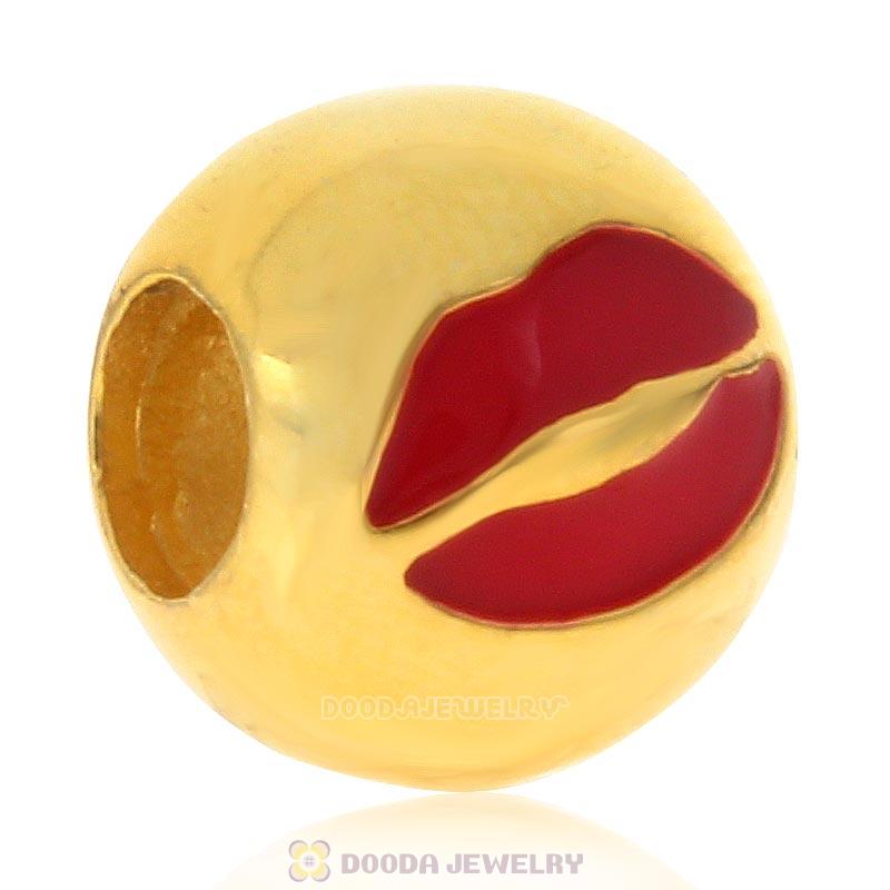 Gold Plated 925 Sterling Silver Emoji Red Lip Face Beads