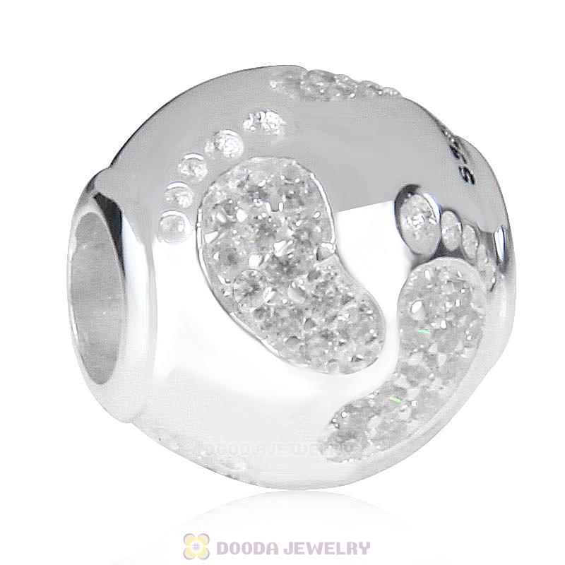 925 Sterling Silver Baby Footprint Charm Bead with Clear Stone